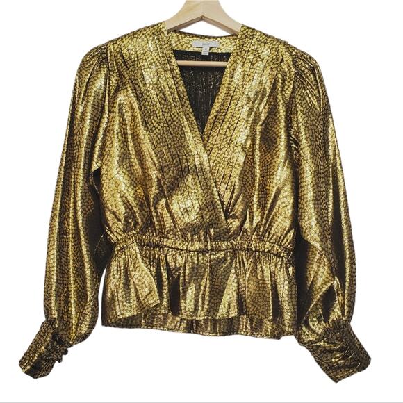 Joie | Nadeen Metallic Gold Peplum Deep V-Neck Wrap Pleated Gathered Top - Picture 1 of 9